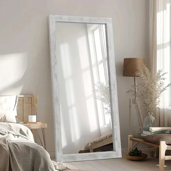 Rustic Farmhouse Full Length Mirror | Wood Floor Mirror in Weathering White