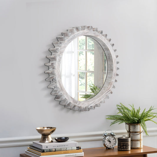 17'' Vintage Gear Mirror - White Washed Wood Frame Decorative Mirror