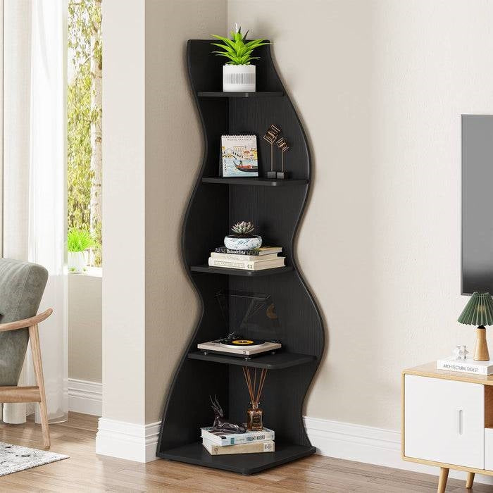 Modern 5 Shelf Corner Bookcase | Black Wood Storage Unit for Office & Living Room