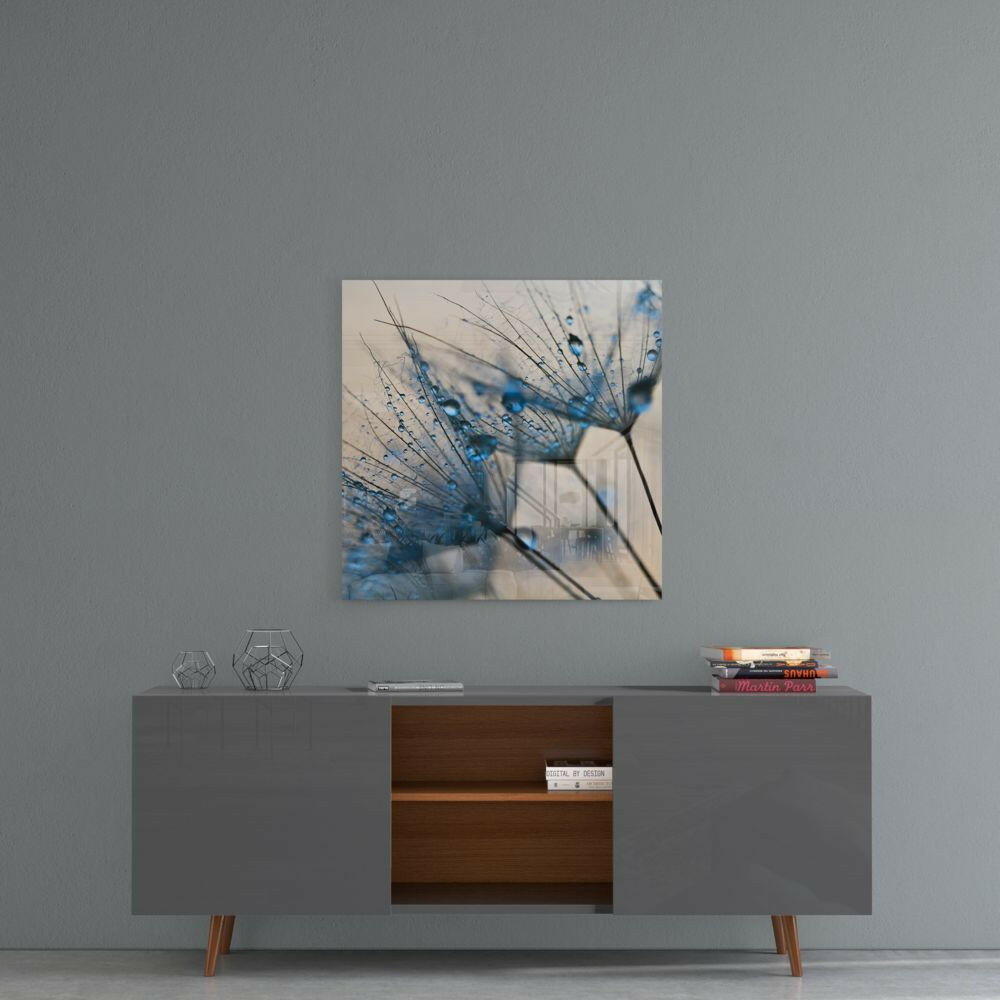 Blue Dewdrop Dandelion Glass Wall Art