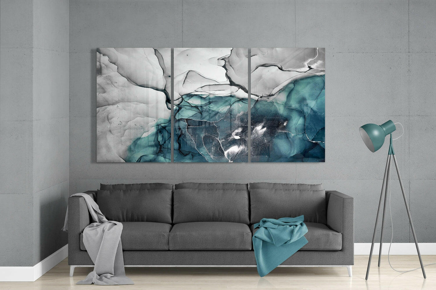Teal Gray Marble Triptych Glass Wall Art
