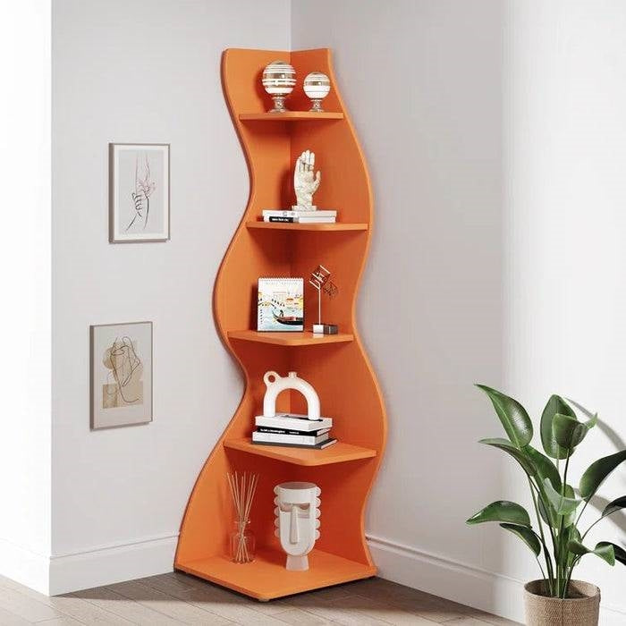Modern Wave Shape 5 Shelf Corner Bookcase | Orange Wood Storage Unit for Office & Living Room