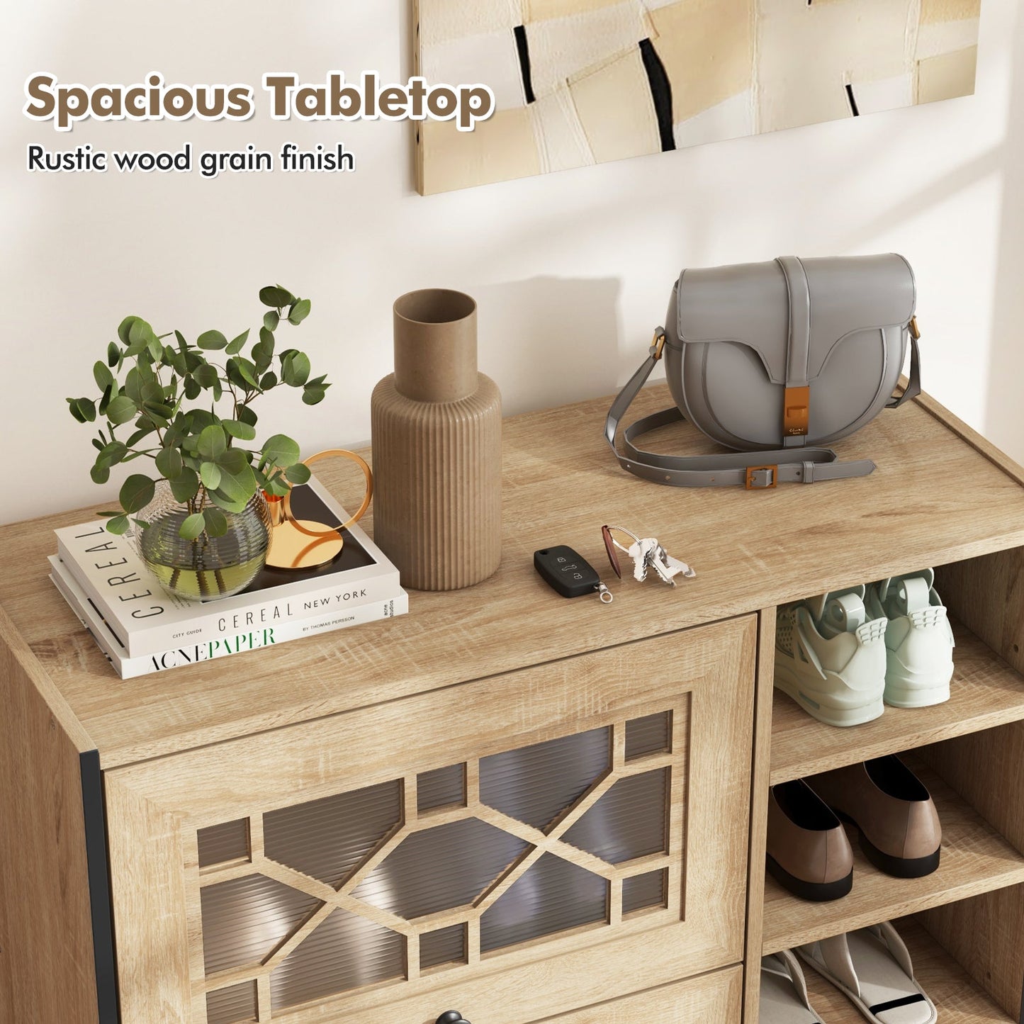 Rustic Shoe Cabinet with Flip-up See-through Doors and Adjustable Shelves-Oak