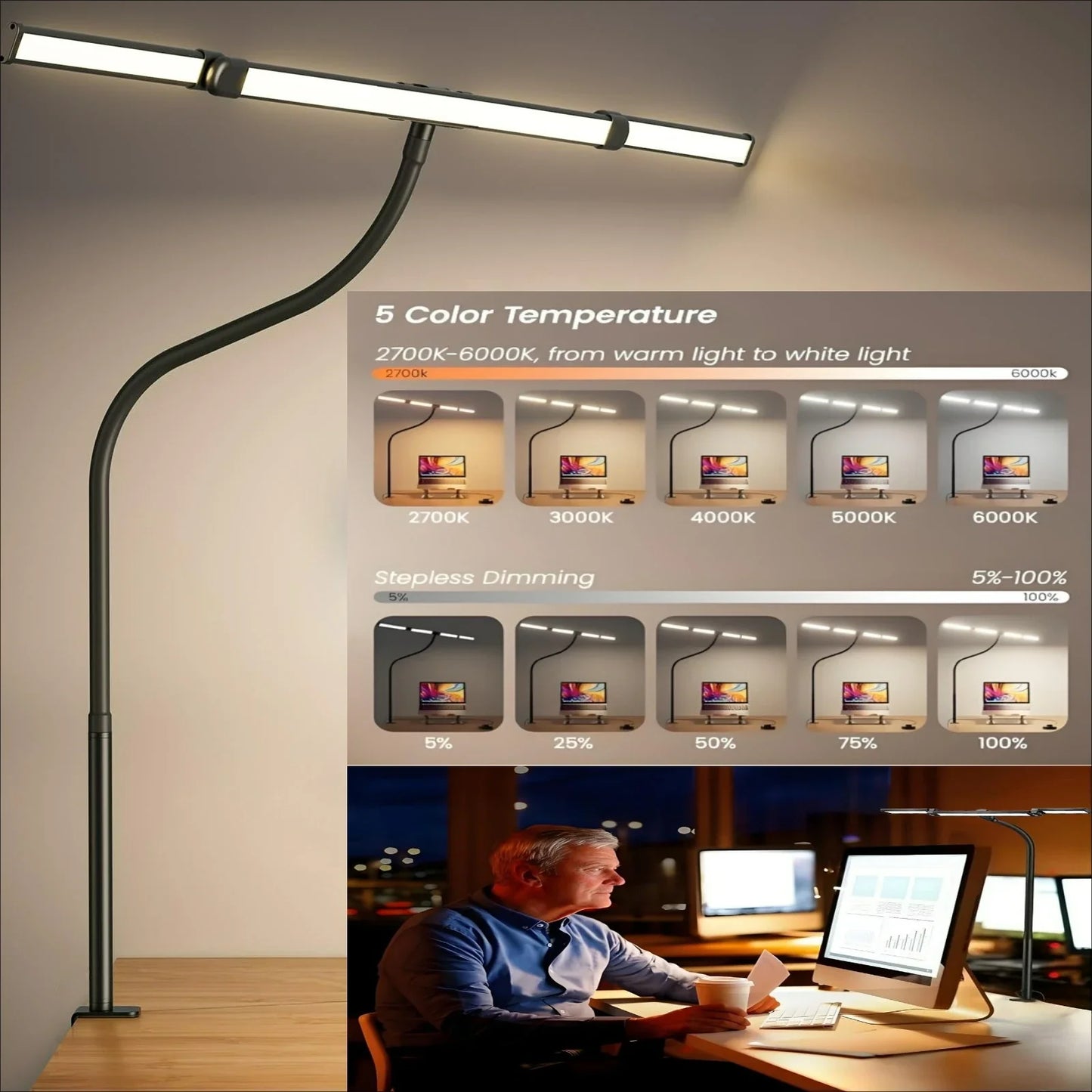 LED Desk Lamp with Clamp Remote Dimming 24W Ultra Bright Desk Lamp for Home and Office Architects Paired with Ambient Lighting