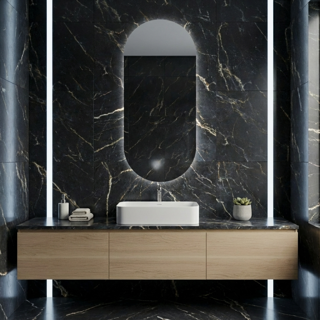 Arched LED Bathroom Mirror – Modern Backlit Vanity Wall Mirror with Touch Sensor, Minimalist Japandi Lighted Mirror