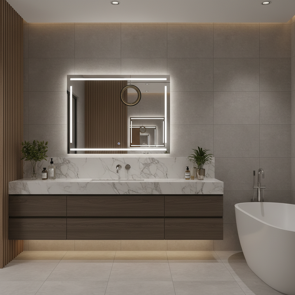 LED Bathroom Mirror – Modern Rectangular Lighted Vanity Mirror with Frame Lines, Backlit Wall Mirror