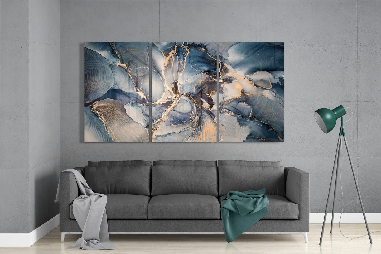 Navy Gold Marble Ink Triptych Glass Wall Art