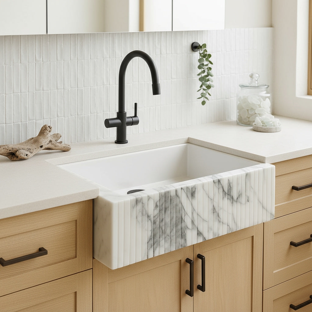 Luxury Marble Bathroom Sink – New York Marble Wall-Mount Vanity with Fluted Front (12” x 20” x 5”)