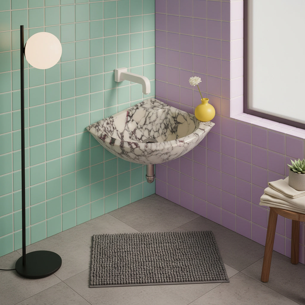 Marble Sink – Calacatta Viola Corner Wall-Mount Vanity Sink | Luxury Natural Stone Bathroom Basin 12"x12"x6"