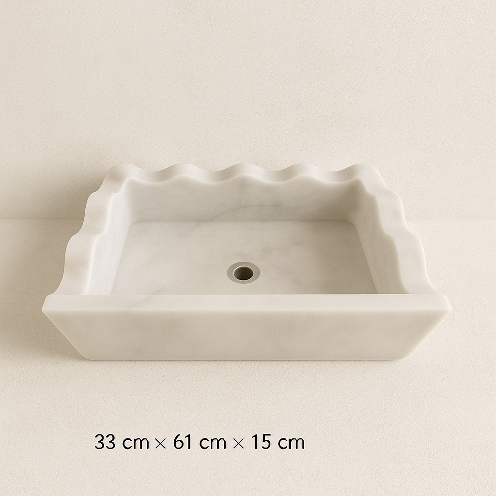 Luxury Marble Bathroom Sink – Carrara White Wall-Mount Rectangular Vanity with Wavy Edges