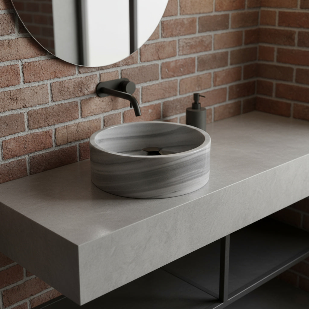 Marble Sink – Grey Stone Vessel Sink for Bathroom | Round Natural Marble Basin 16.5"x16.5"x6"