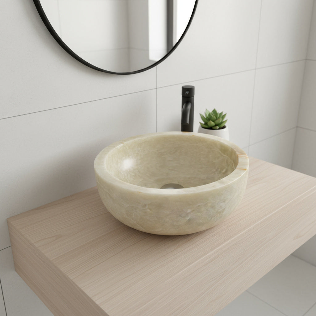 Marble Sink Green Onyx Stone Vessel – Handcrafted Round Bathroom Basin (40×40×15 cm)