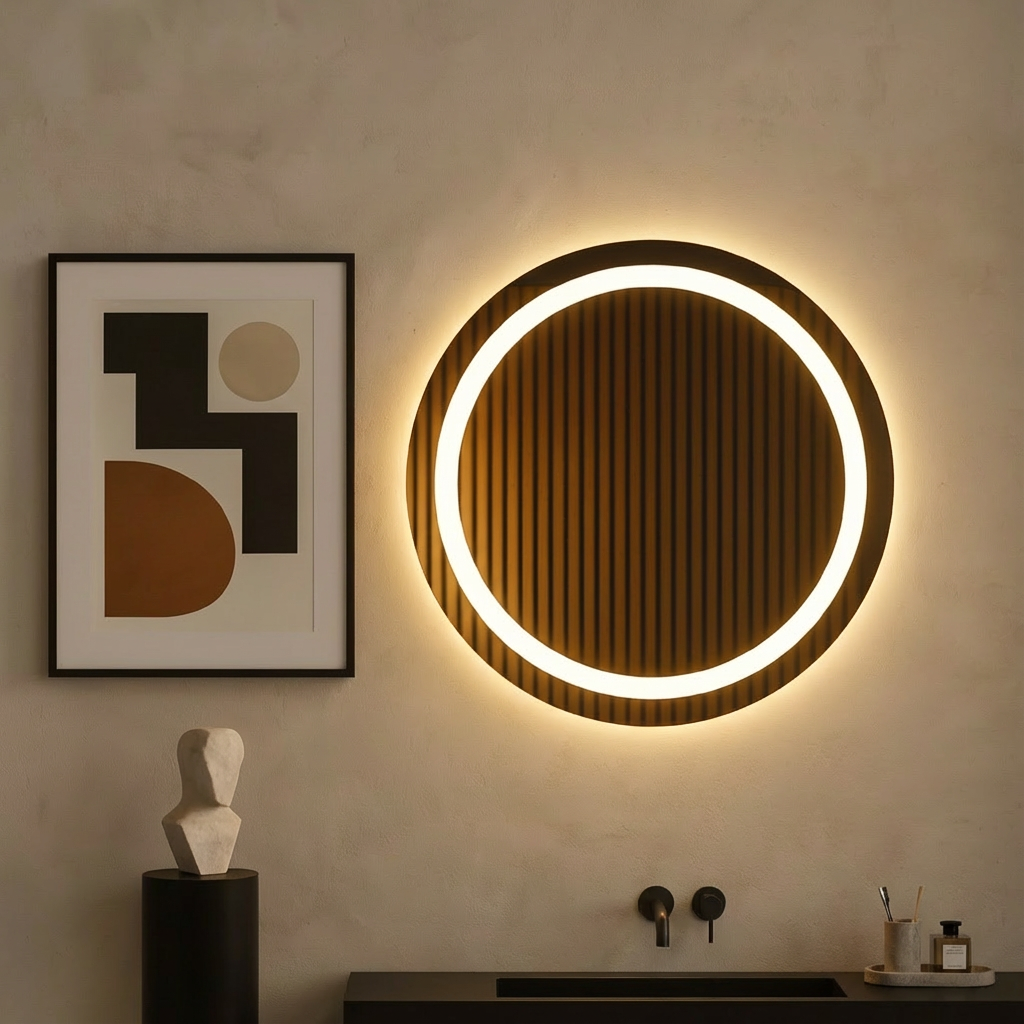 LED Bathroom Mirror – Round Lighted Vanity Mirror with Marble Frame, Modern Backlit Wall Mirror