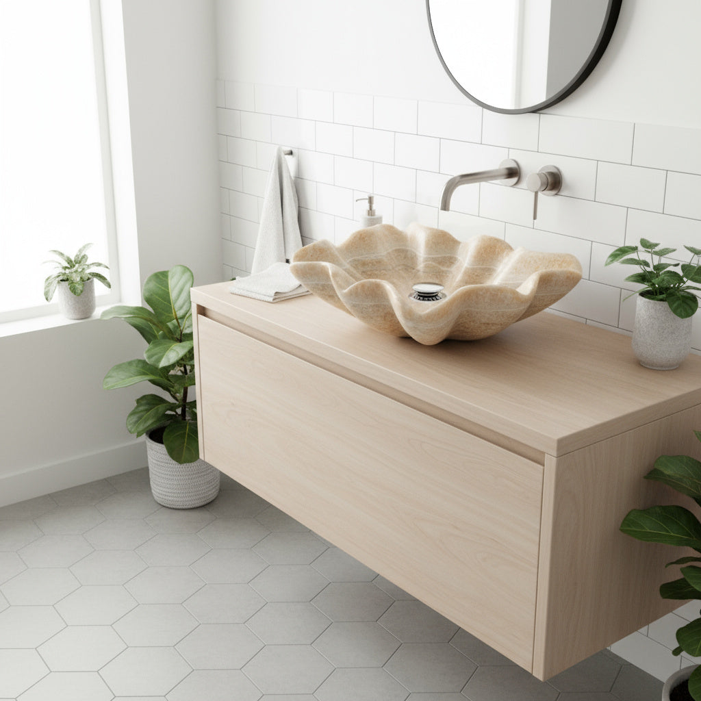 Hand-Carved Beige Natural Stone Bathroom Basin 25.6"x17.7"x6.3" (65x45x16 cm)