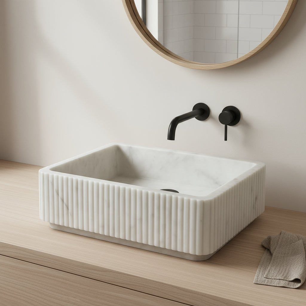 Marble Sink – Carrara White Wall-Mount Bathroom Sink Ribbed Textured | Luxury Natural Stone Vanity Basin 16"x24"x6"