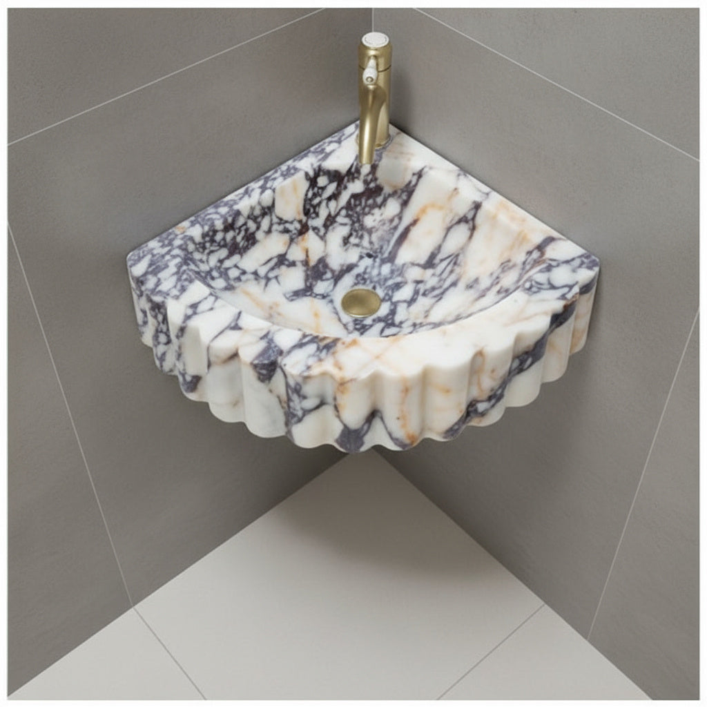 Marble Sink – Calacatta Viola Corner Wall-Mount Ribbed Vanity Sink | Luxury Natural Stone Basin 20"x20"x7"