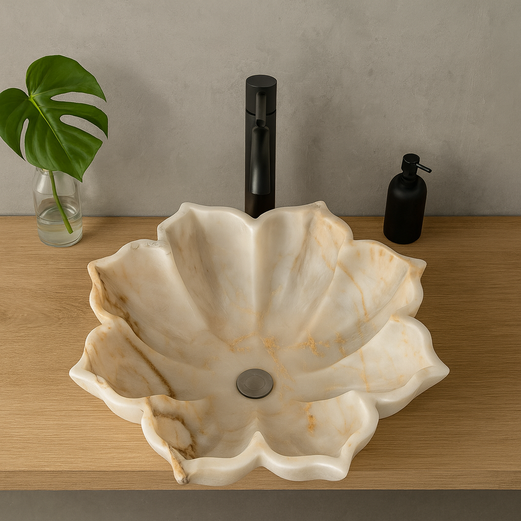 Marble Sink Stone Vessel Sink – Carrara Marble Leaf Bathroom Basin, Hand-Carved Natural Marble