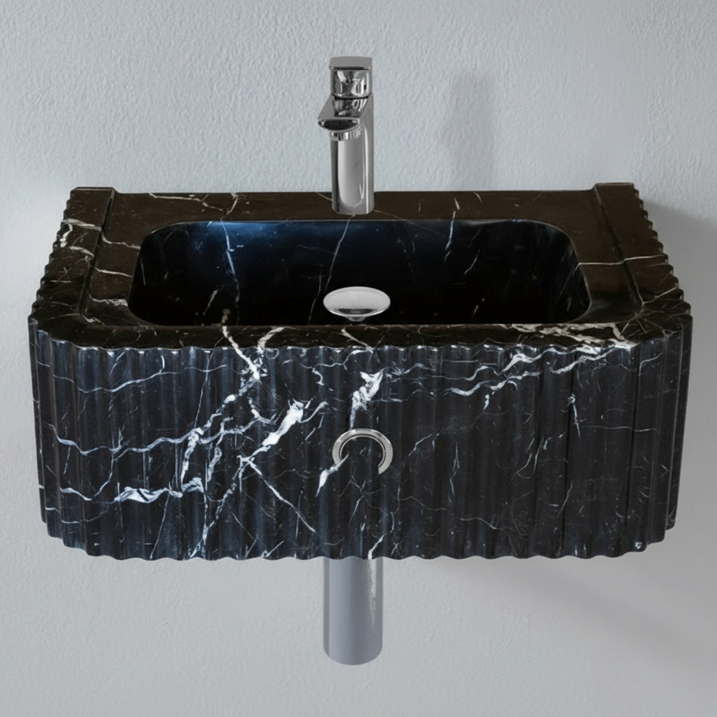 Black Marble Bathroom Sink – Toros Black Rectangular Wall-Mount Vanity Basin, Polished Natural Stone
