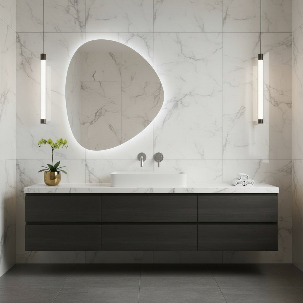 Modern LED Bathroom Mirror – Organic Asymmetrical Backlit Wall Mirror with Warm & Cool Light