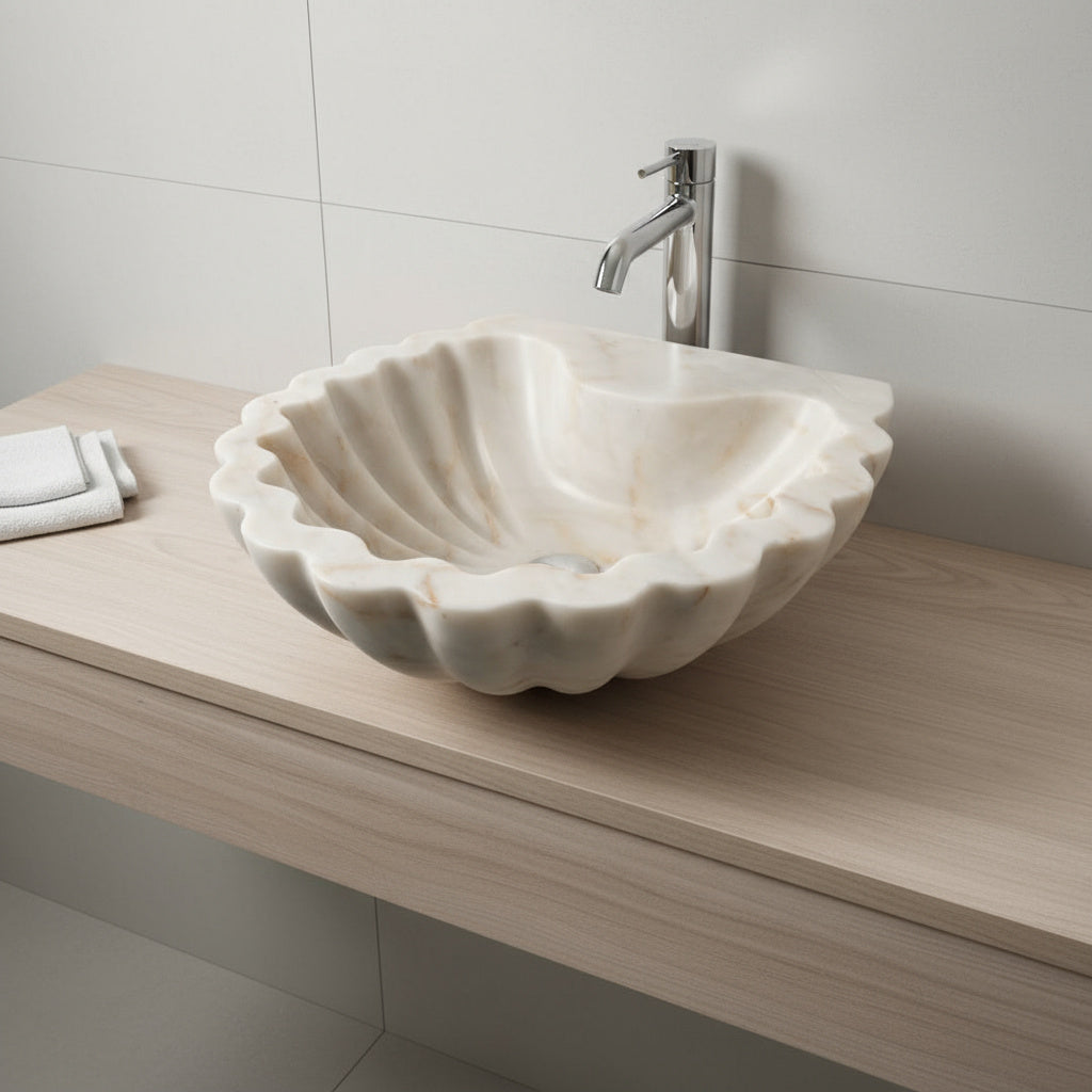 Marble Bathroom Sink – Carrara White Stone Vessel Sink Shell Design