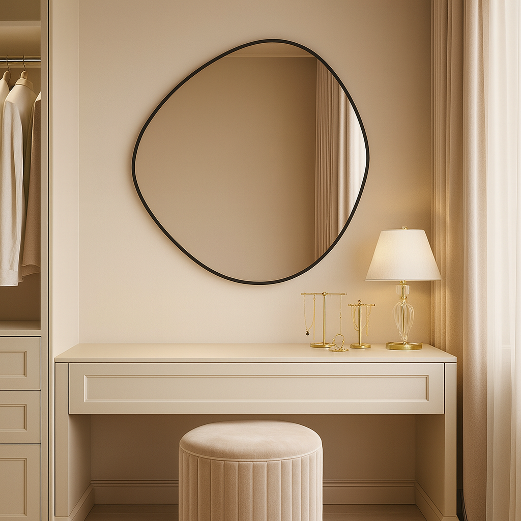 Irregular Round Bathroom Mirror – Modern Organic Wall Mirror with Black Frame