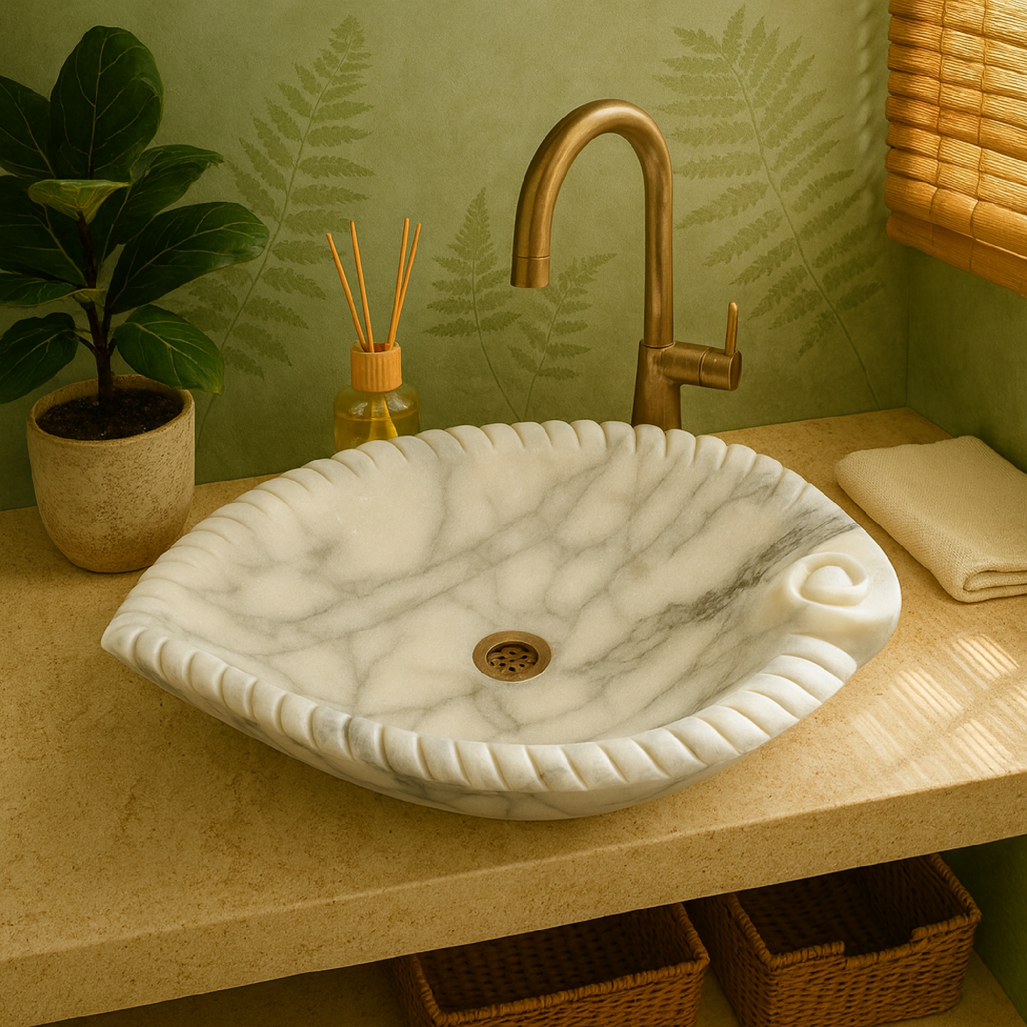 Marble Sink – Luxury Stone Sink Bathroom Basin (45x55x14 cm), Handcrafted White Natural Marble Vanity Bowl