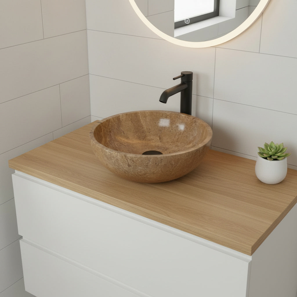 Noce Travertine Bathroom Sink – Natural Stone Round Vessel Sink, Polished Above-Counter Basin