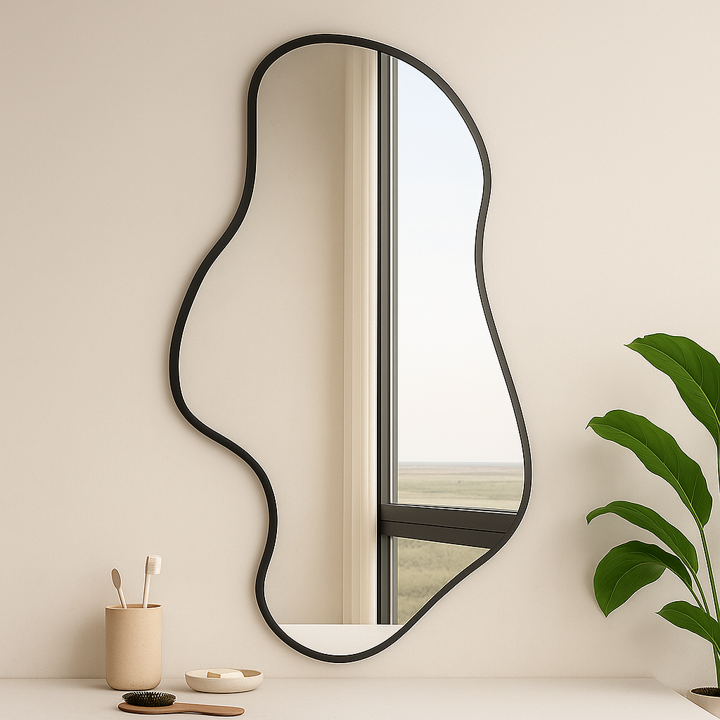 Wavy Irregular Wall Mirror – Modern Asymmetrical Bathroom Mirror with Black Frame