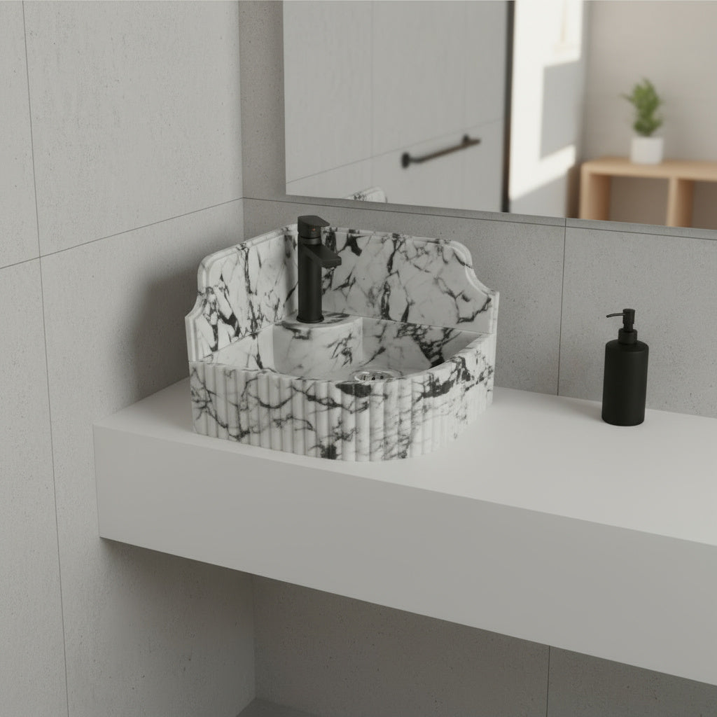 Marble Sink – Calacatta Viola Corner Wall-Mount Bathroom Sink with Fluted Design & 8" Backsplash | Luxury Natural Stone Basin 16"x16"x8"