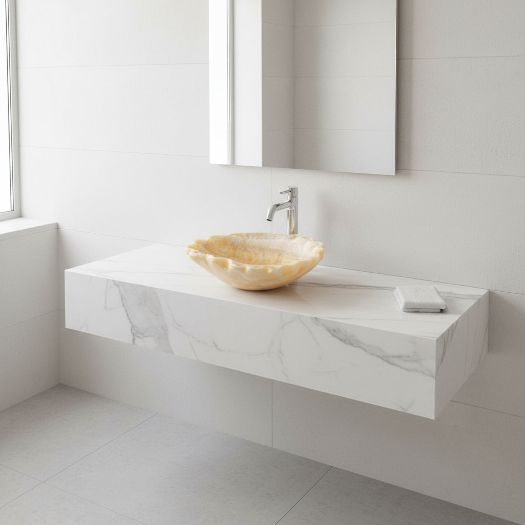 Luxury Marble Vessel Sink – Hand-Carved Natural Stone Bathroom Basin, Amber Onyx Vanity Bowl