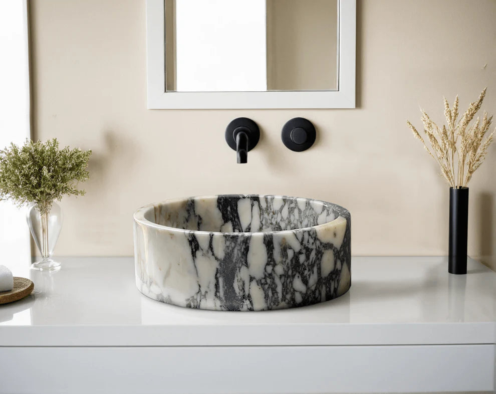Marble Sink – Calacatta Viola Stone Vessel Sink for Bathroom | Luxury Round Basin 16"x16"x5.5"