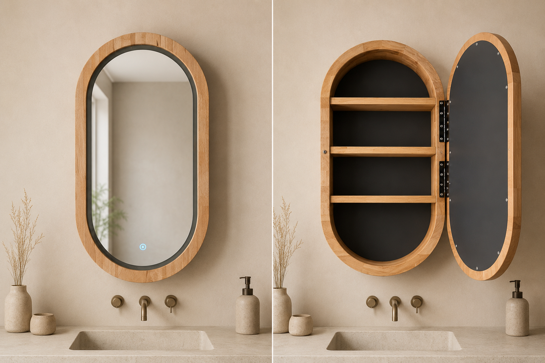 A Custom Light Oak Mirror Cabinet with a Right-Side Opening