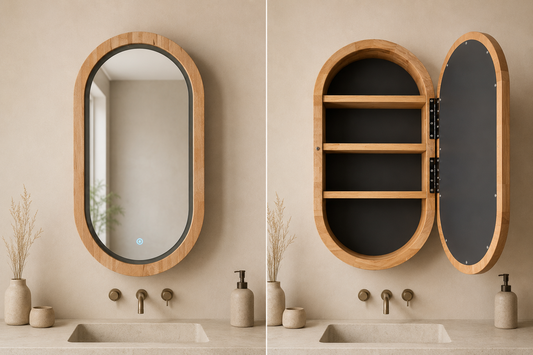 A Custom Light Oak Mirror Cabinet with a Right-Side Opening