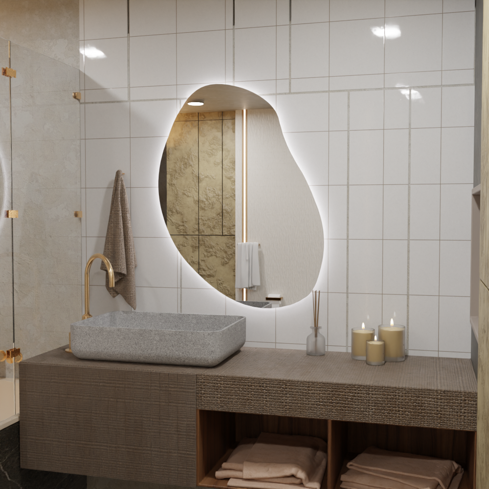 LED Bathroom Mirror – Modern Irregular Shaped Lighted Vanity Mirror with Touch Sensor