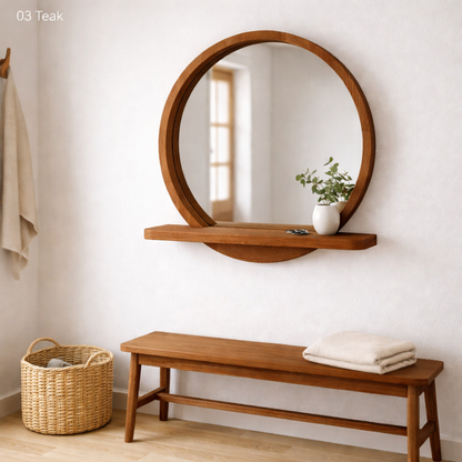 Solid Beech Wood Round Mirror with Shelf – Scandinavian Entryway Bathroom Mirror