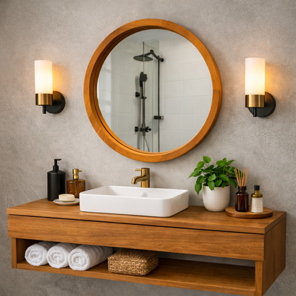 Handmade Solid Wood Framed Round Mirror – Modern Scandinavian Wall Mirror