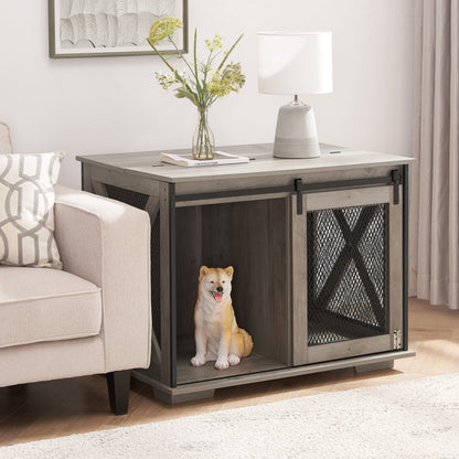 Wooden Dog Crate Furniture with Barn Door - Farmhouse Dog Cage End Table with Storage - Aypars Atelier