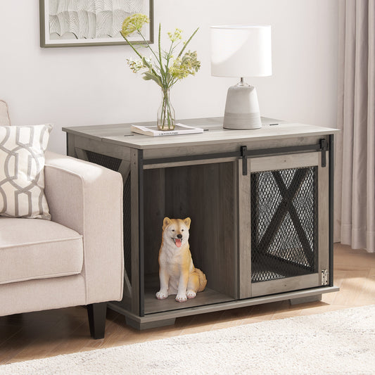 Wooden Dog Crate Furniture with Barn Door - Farmhouse Dog Cage End Table with Storage - Aypars Atelier