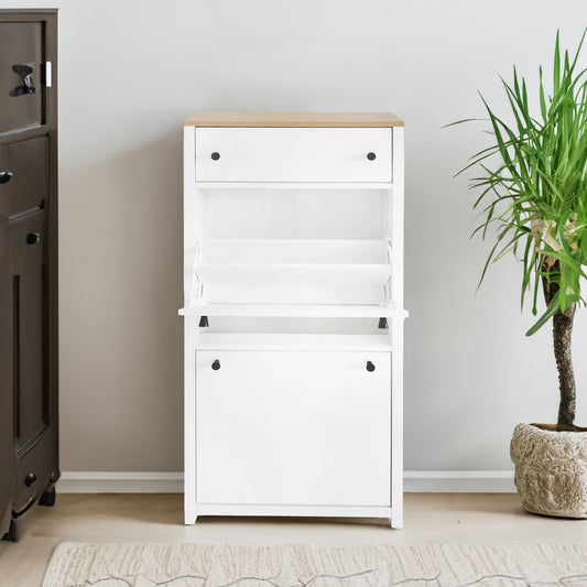 Entryway Shoe Cabinet White - Flip Drawer Storage with Adjustable Panels & Wood Grain Top
