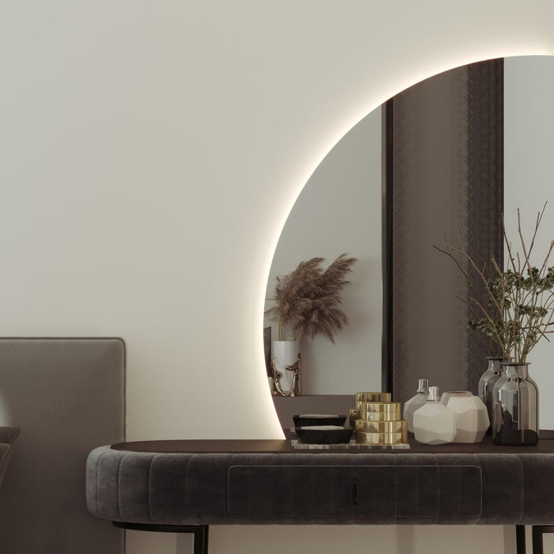 LED Bathroom Mirror – Modern Half Moon Backlit Vanity Mirror with Touch Sensor, Luxury Lighted Wall Mirror