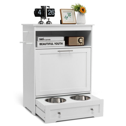 SEO-optimized title with high-search keywords:  White Dog Bowl Stand with Storage Cabinet - Elevated Pet Feeder Station with 2 Stainless Steel Bowls - Aypars Atelier