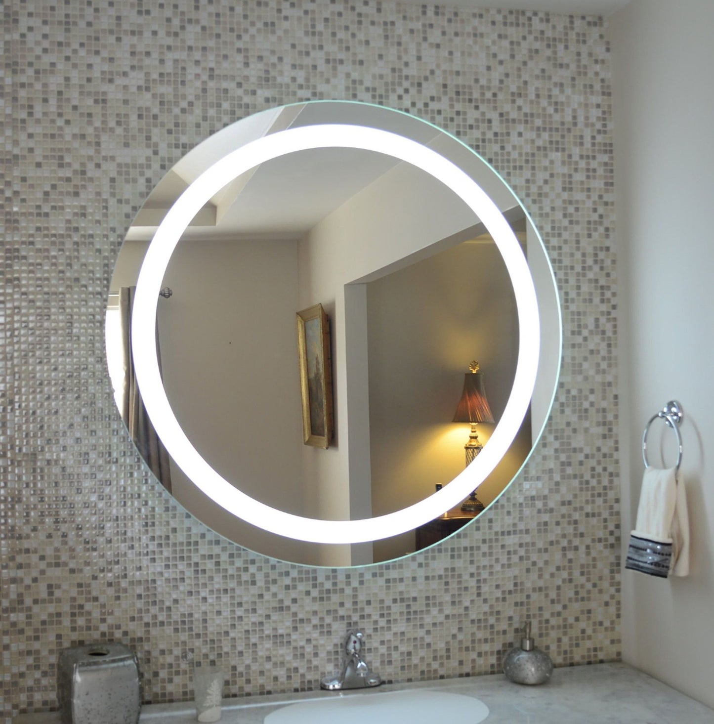 LED Bathroom Mirror – Round Lighted Vanity Mirror with Marble Frame, Modern Backlit Wall Mirror