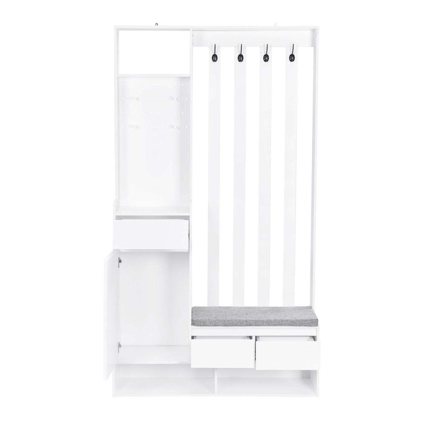 Hall Tree with Storage Bench & Shoe Cabinet - Entryway Coat Rack with Hooks & Pegboard White - Aypars Atelier