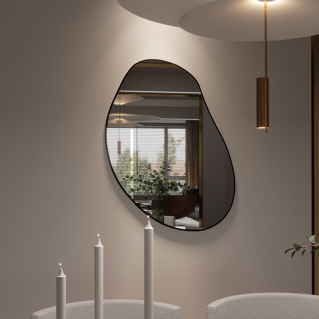 Irregular Wall Mirror – Modern Organic Mirror with Black Frame, Asymmetrical Wavy Mirror for Living Room & Entryway