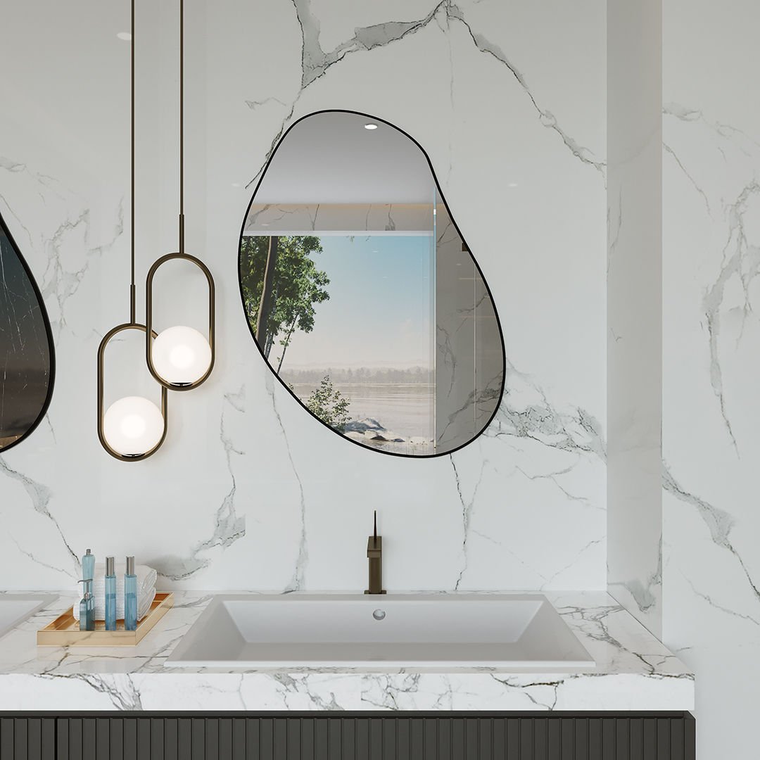 Irregular Wall Mirror – Modern Organic Mirror with Black Frame, Asymmetrical Wavy Mirror for Living Room & Entryway