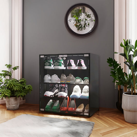 Glass Door Shoe Cabinet Black - LED Display Cabinet with 4 Layers & Bluetooth Control - Aypars Atelier