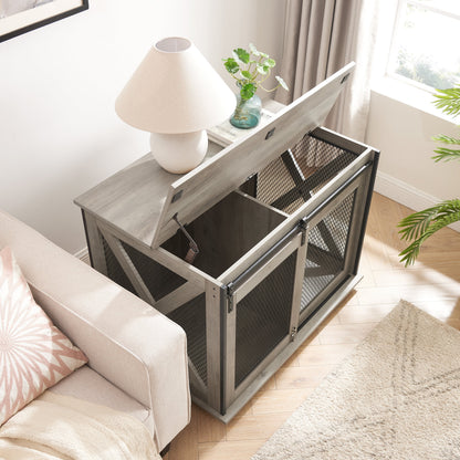 Wooden Dog Crate Furniture with Barn Door - Farmhouse Dog Cage End Table with Storage - Aypars Atelier