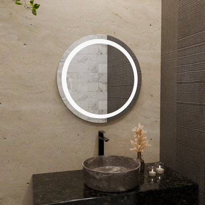 LED Bathroom Mirror – Round Lighted Vanity Mirror with Marble Frame, Modern Backlit Wall Mirror