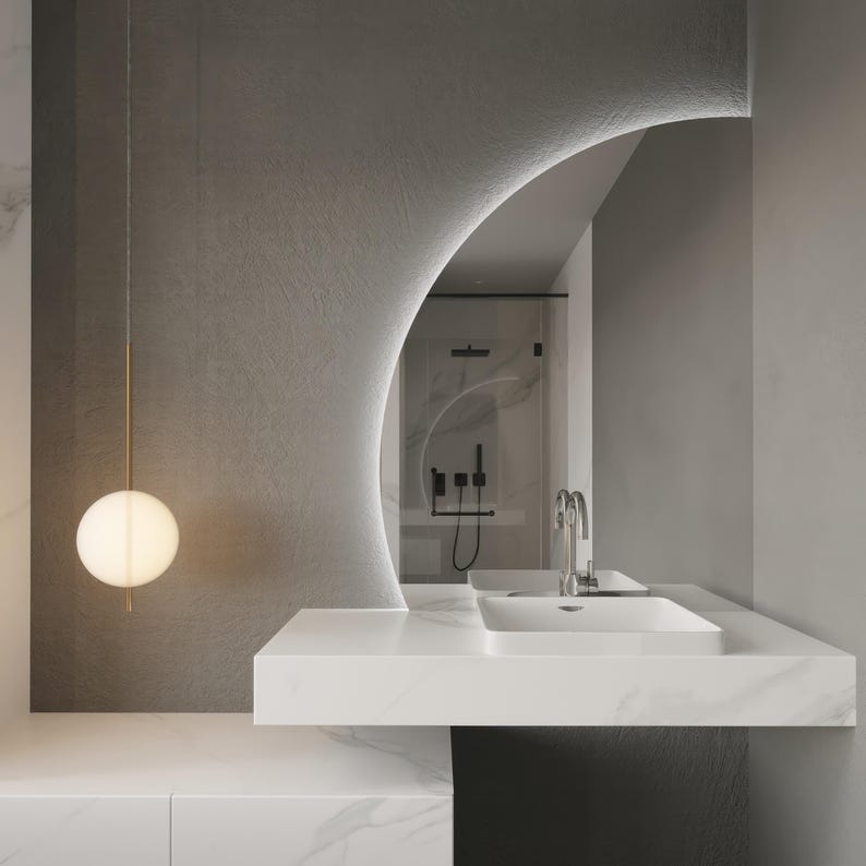 LED Bathroom Mirror – Modern Half Moon Backlit Vanity Mirror with Touch Sensor, Luxury Lighted Wall Mirror