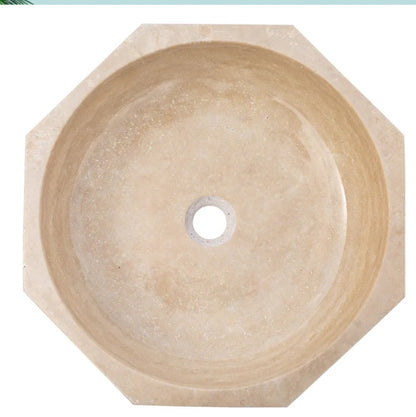 Marble Sink – Light Beige Travertine Octagon Vessel Bathroom Sink Polished | Natural Stone Above-Counter Basin 16"x16"x5"
